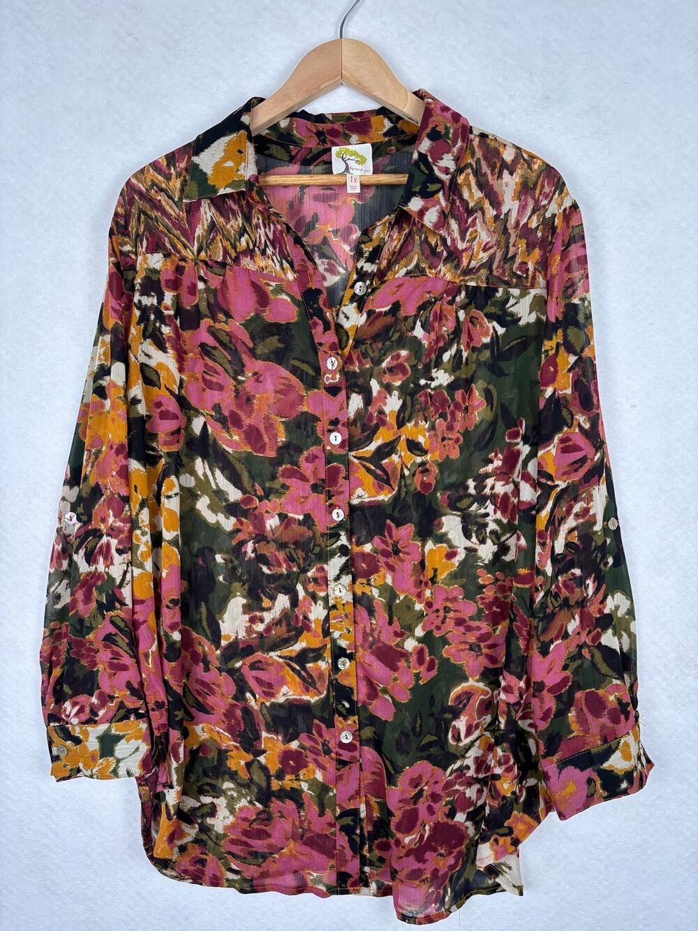 Fig & Flower 1X Sheer Floral Button Front Blouse Boho Fall Lightweight Plus